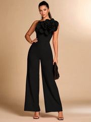 SHEIN BAE Red Asymmetrical Shoulder Fitted Elegant 3D Floral Jumpsuit