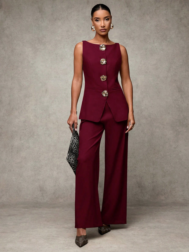 SHEIN BAE Boat Neck Striped Print Button Front Sleeveless Top And Long Pants Elegant Office Business Suit Set