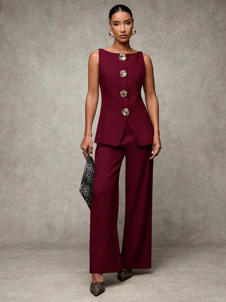 SHEIN BAE Boat Neck Striped Print Button Front Sleeveless Top And Long Pants Elegant Office Business Suit Set
