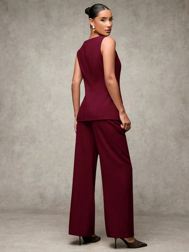 SHEIN BAE Boat Neck Striped Print Button Front Sleeveless Top And Long Pants Elegant Office Business Suit Set
