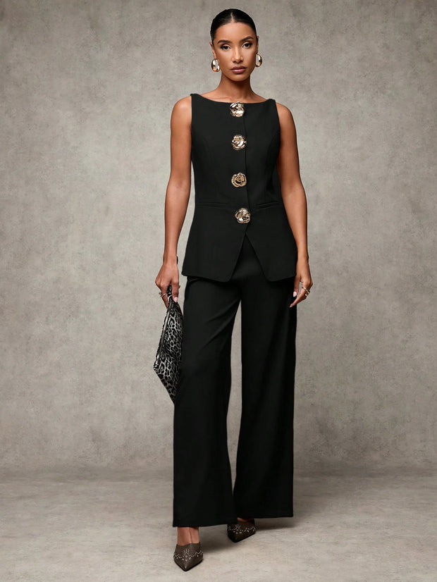 SHEIN BAE Boat Neck Striped Print Button Front Sleeveless Top And Long Pants Elegant Office Business Suit Set