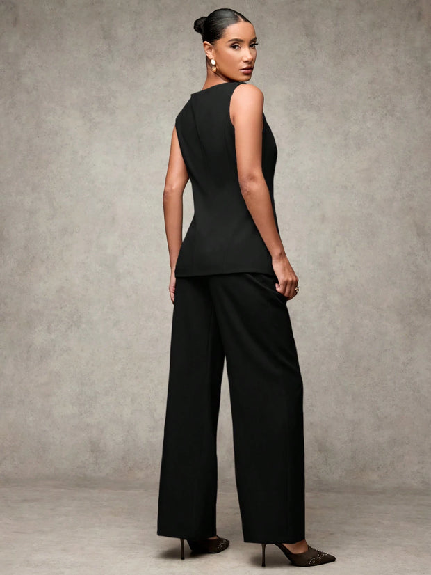 SHEIN BAE Boat Neck Striped Print Button Front Sleeveless Top And Long Pants Elegant Office Business Suit Set