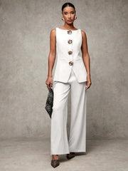 SHEIN BAE Boat Neck Striped Print Button Front Sleeveless Top And Long Pants Elegant Office Business Suit Set