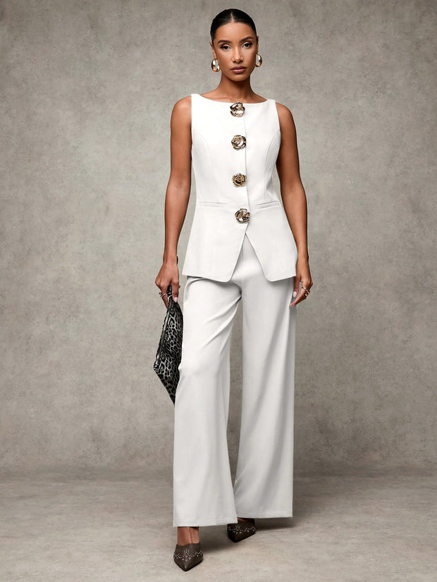 SHEIN BAE Boat Neck Striped Print Button Front Sleeveless Top And Long Pants Elegant Office Business Suit Set