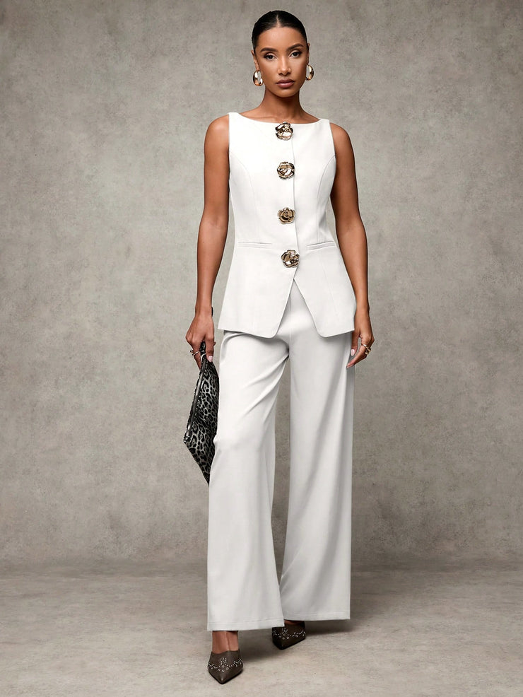 SHEIN BAE Boat Neck Striped Print Button Front Sleeveless Top And Long Pants Elegant Office Business Suit Set