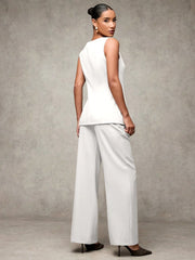SHEIN BAE Boat Neck Striped Print Button Front Sleeveless Top And Long Pants Elegant Office Business Suit Set