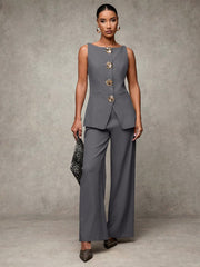 SHEIN BAE Boat Neck Striped Print Button Front Sleeveless Top And Long Pants Elegant Office Business Suit Set