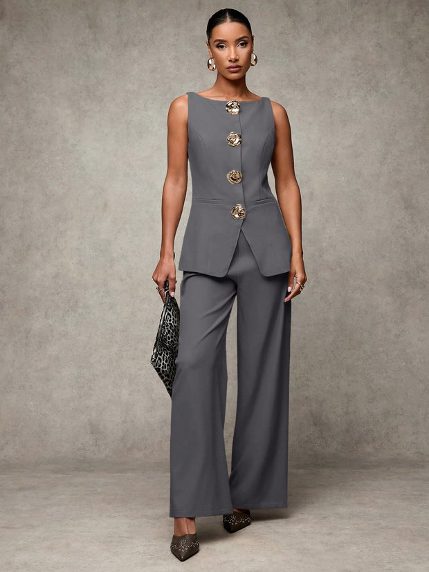 SHEIN BAE Boat Neck Striped Print Button Front Sleeveless Top And Long Pants Elegant Office Business Suit Set