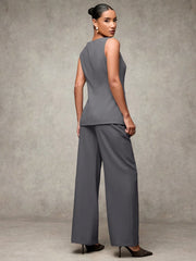 SHEIN BAE Boat Neck Striped Print Button Front Sleeveless Top And Long Pants Elegant Office Business Suit Set