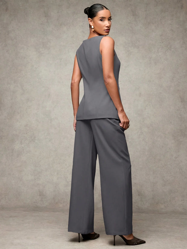SHEIN BAE Boat Neck Striped Print Button Front Sleeveless Top And Long Pants Elegant Office Business Suit Set