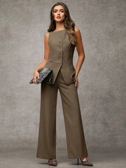 SHEIN BAE Boat Neck Striped Print Button Front Sleeveless Top And Long Pants Elegant Office Business Suit Set