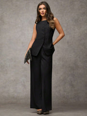 SHEIN BAE Boat Neck Striped Print Button Front Sleeveless Top And Long Pants Elegant Office Business Suit Set
