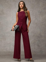 SHEIN BAE Boat Neck Striped Print Button Front Sleeveless Top And Long Pants Elegant Office Business Suit Set