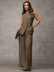 SHEIN BAE Boat Neck Striped Print Button Front Sleeveless Top And Long Pants Elegant Office Business Suit Set