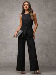 SHEIN BAE Boat Neck Striped Print Button Front Sleeveless Top And Long Pants Elegant Office Business Suit Set