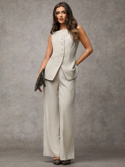 SHEIN BAE Boat Neck Striped Print Button Front Sleeveless Top And Long Pants Elegant Office Business Suit Set