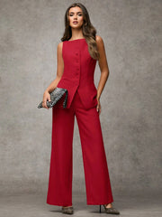 SHEIN BAE Boat Neck Striped Print Button Front Sleeveless Top And Long Pants Elegant Office Business Suit Set