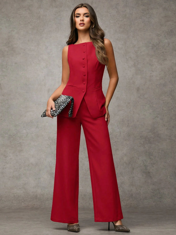 SHEIN BAE Boat Neck Striped Print Button Front Sleeveless Top And Long Pants Elegant Office Business Suit Set