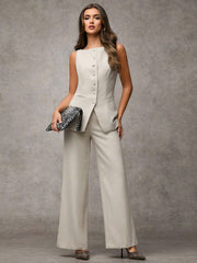SHEIN BAE Boat Neck Striped Print Button Front Sleeveless Top And Long Pants Elegant Office Business Suit Set