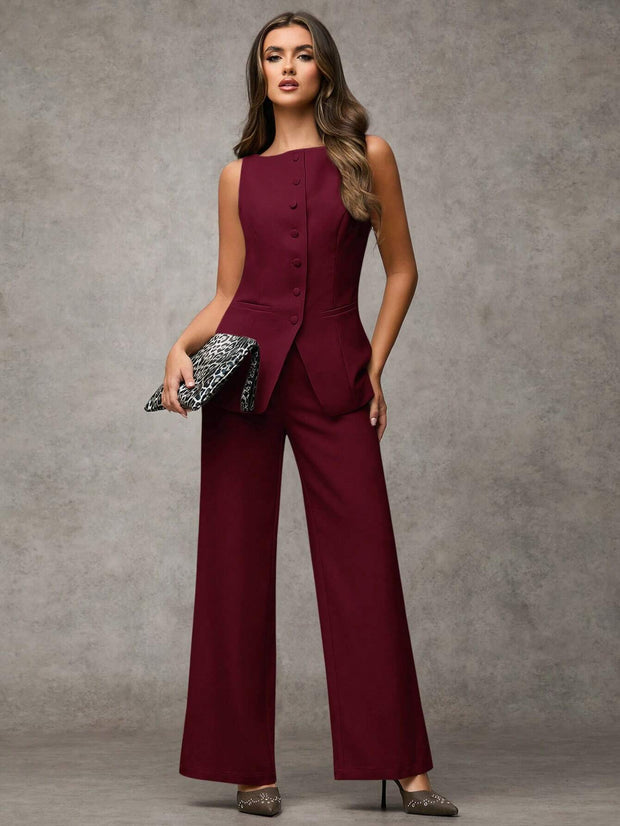 SHEIN BAE Boat Neck Striped Print Button Front Sleeveless Top And Long Pants Elegant Office Business Suit Set