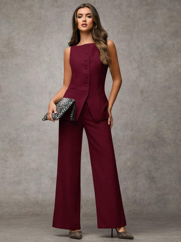 SHEIN BAE Boat Neck Striped Print Button Front Sleeveless Top And Long Pants Elegant Office Business Suit Set