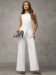 SHEIN BAE Boat Neck Striped Print Button Front Sleeveless Top And Long Pants Elegant Office Business Suit Set