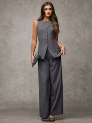 SHEIN BAE Boat Neck Striped Print Button Front Sleeveless Top And Long Pants Elegant Office Business Suit Set