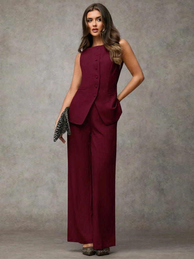 SHEIN BAE Boat Neck Striped Print Button Front Sleeveless Top And Long Pants Elegant Office Business Suit Set