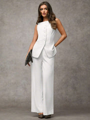 SHEIN BAE Boat Neck Striped Print Button Front Sleeveless Top And Long Pants Elegant Office Business Suit Set