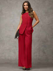SHEIN BAE Boat Neck Striped Print Button Front Sleeveless Top And Long Pants Elegant Office Business Suit Set