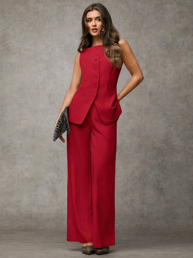 SHEIN BAE Boat Neck Striped Print Button Front Sleeveless Top And Long Pants Elegant Office Business Suit Set