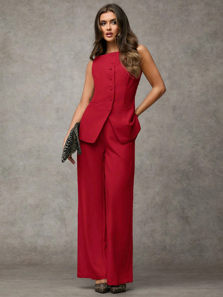 SHEIN BAE Boat Neck Striped Print Button Front Sleeveless Top And Long Pants Elegant Office Business Suit Set