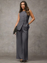 SHEIN BAE Boat Neck Striped Print Button Front Sleeveless Top And Long Pants Elegant Office Business Suit Set