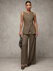 SHEIN BAE Boat Neck Striped Print Button Front Sleeveless Top And Long Pants Elegant Office Business Suit Set
