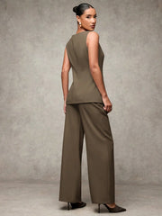 SHEIN BAE Boat Neck Striped Print Button Front Sleeveless Top And Long Pants Elegant Office Business Suit Set
