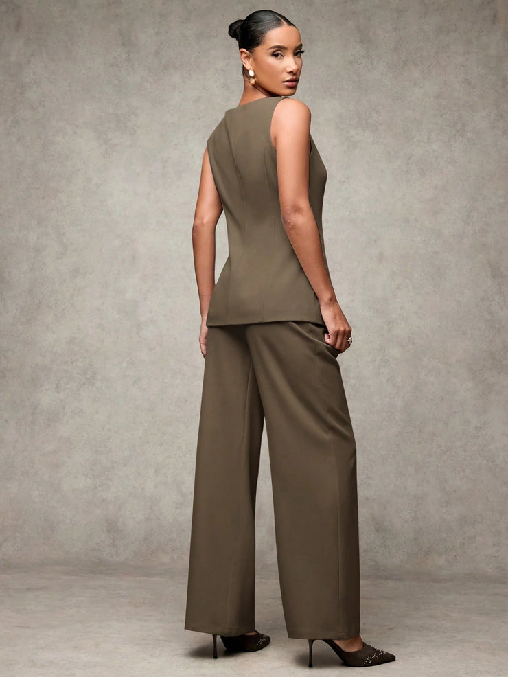 SHEIN BAE Boat Neck Striped Print Button Front Sleeveless Top And Long Pants Elegant Office Business Suit Set