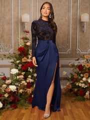 SHEIN Belle Jacquard Mock Neck Ruched Split Thigh Satin Prom Dress,Tea Party Dress,Summer Dresses For Women