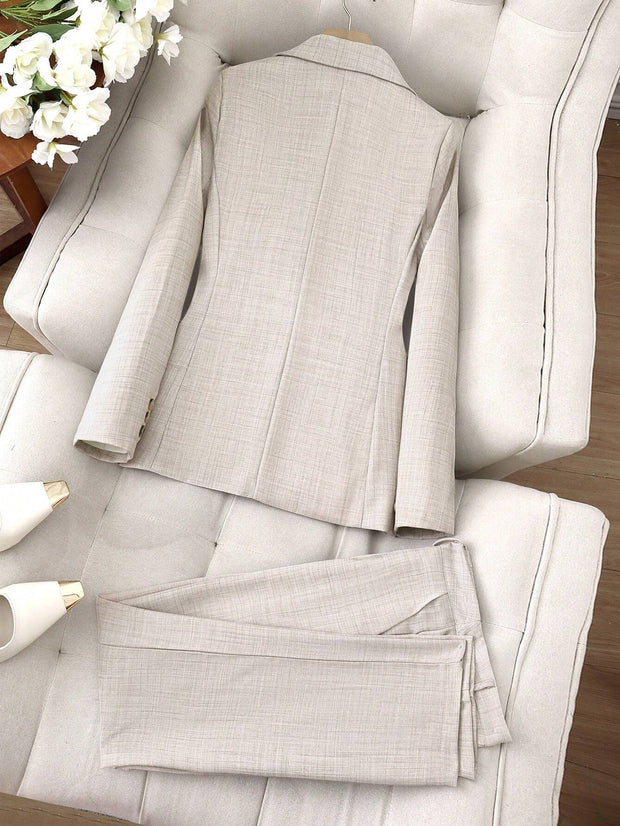 SHEIN LUNE Women's Minimalist Notched Collar Single Button Blazer Jacket And Pants Suit