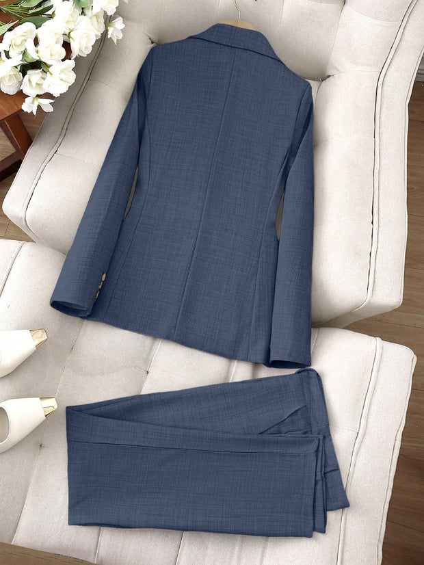 SHEIN LUNE Women's Minimalist Notched Collar Single Button Blazer Jacket And Pants Suit