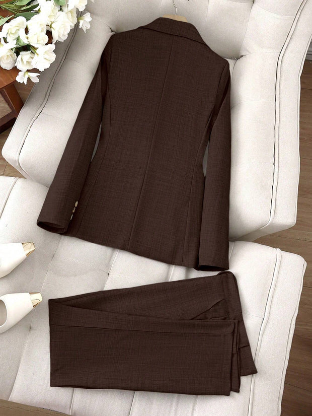 SHEIN LUNE Women's Minimalist Notched Collar Single Button Blazer Jacket And Pants Suit