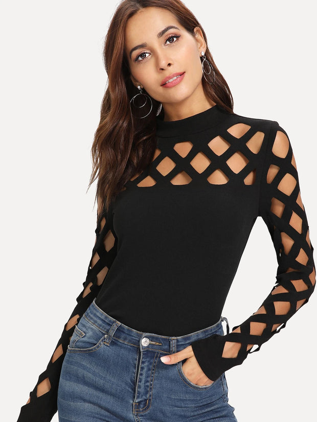 SHEIN Clasi Women Solid Color Stand Collar Hollow Out Long Sleeve Fitted Fashion Blouse