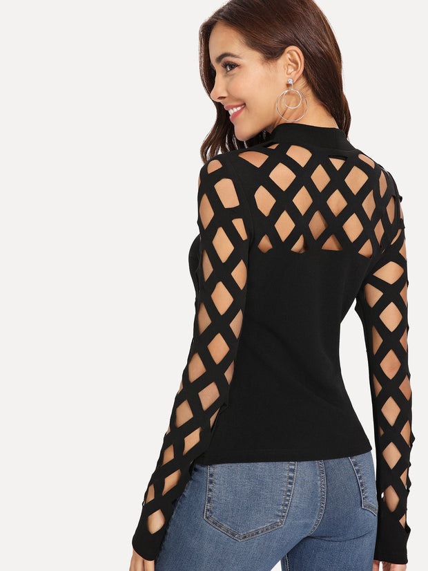 SHEIN Clasi Women Solid Color Stand Collar Hollow Out Long Sleeve Fitted Fashion Blouse