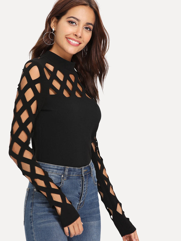 SHEIN Clasi Women Solid Color Stand Collar Hollow Out Long Sleeve Fitted Fashion Blouse