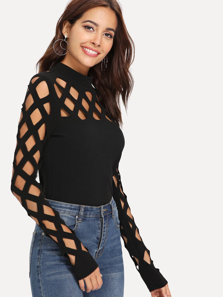 SHEIN Clasi Women Solid Color Stand Collar Hollow Out Long Sleeve Fitted Fashion Blouse