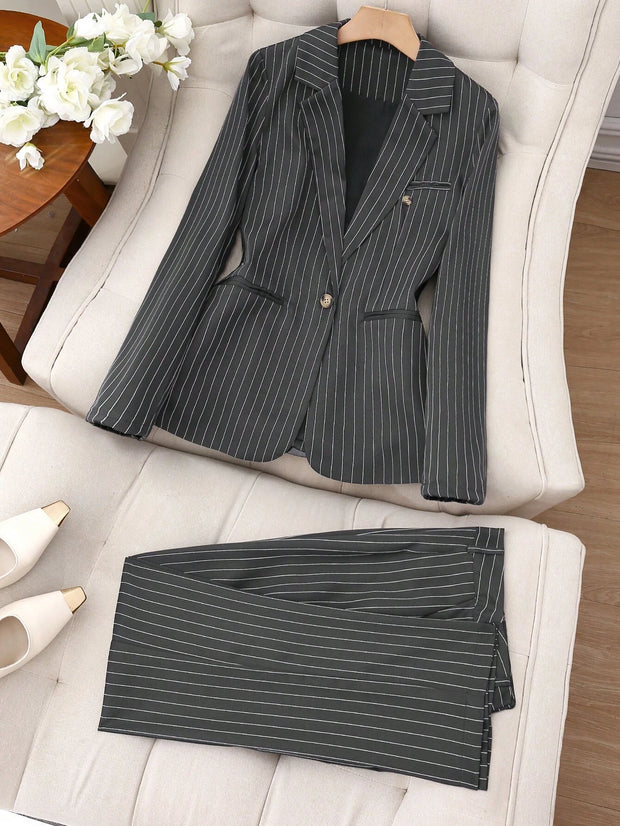 SHEIN LUNE Women's Minimalist Notched Collar Single Button Blazer Jacket And Pants Suit