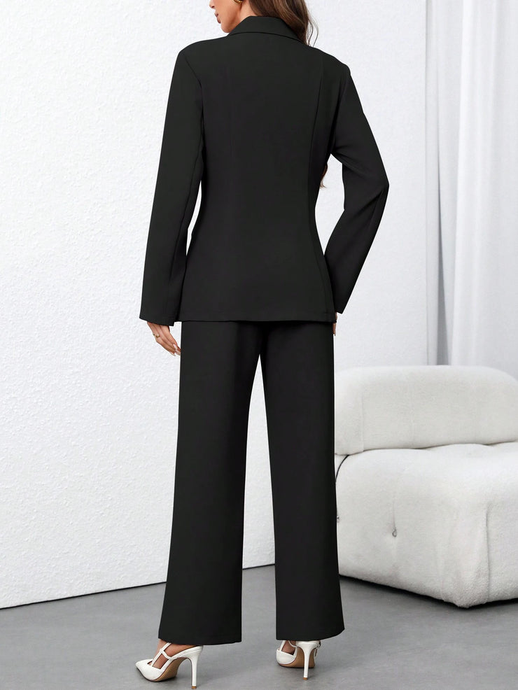 Calvaya Women's Solid Color Notched Collar Long Sleeve Casual Blazer Jacket And Pants Suit