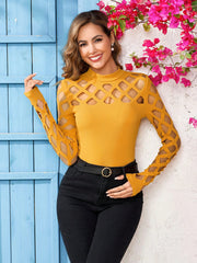 SHEIN Clasi Women Solid Color Stand Collar Hollow Out Long Sleeve Fitted Fashion Blouse