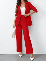 Calvaya Women's Solid Color Notched Collar Long Sleeve Casual Blazer Jacket And Pants Suit