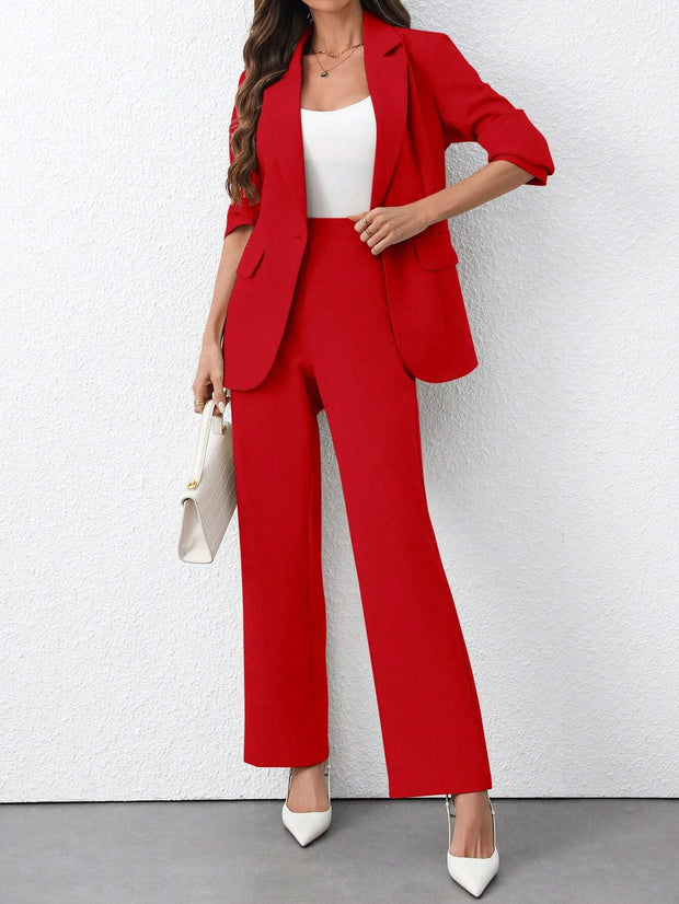 Calvaya Women's Solid Color Notched Collar Long Sleeve Casual Blazer Jacket And Pants Suit