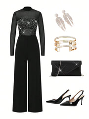 SHEIN Clasi Women's Elegant Sparkling Sexy Rhinestone Decor Mesh Jumpsuit
